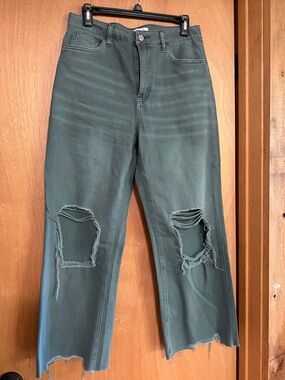 Distressed Straight-Leg Jeans in Teal Green
